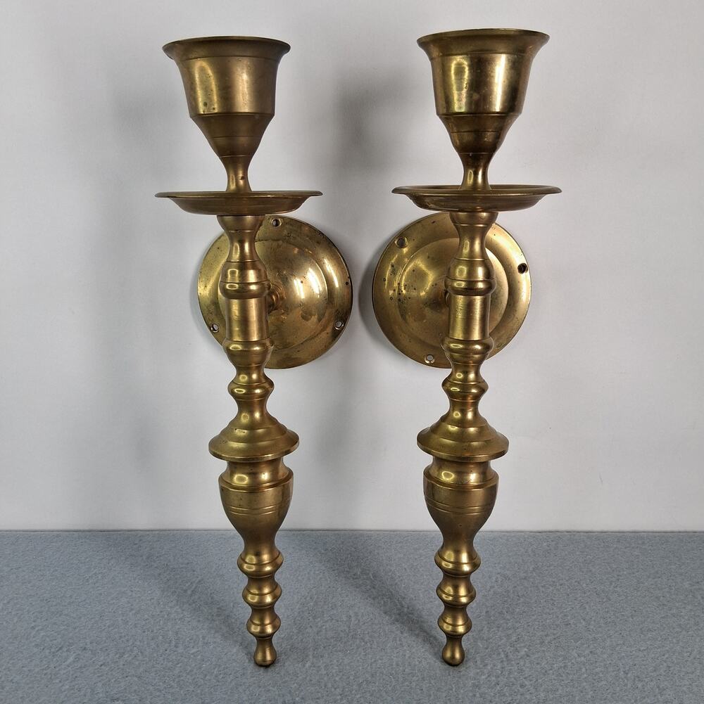 Pair Vintage Brass Plated 11.5" Wall Sconces Candle Holders Made in India AS IS!